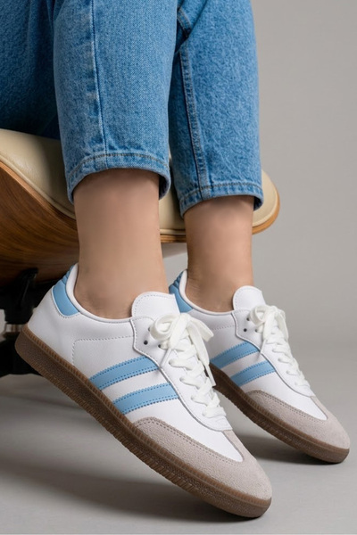 TOFİSA Дамски бяло-сини спортни обувки с велурени детайли - 28105-WHITE-BLUE