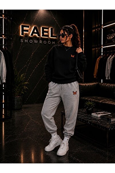 FAEL LİFE Unisex Wide Cut Zero Neck and Sweatpants Orange Butterfly Printed Set