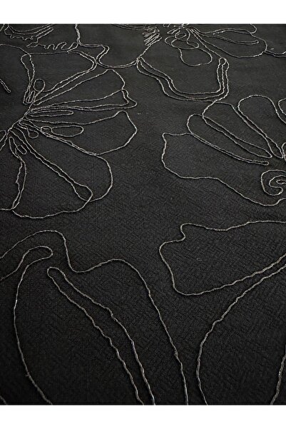 METERİAL Special Embroidered Viscose Linen Blend Fabric - Width 150 cm - Blac...