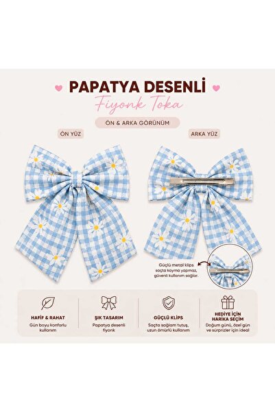 PeriMila Kız Çocuk Papatya Desenli Pötikareli Büyük Fiyonk Toka Klipsli Saç T...