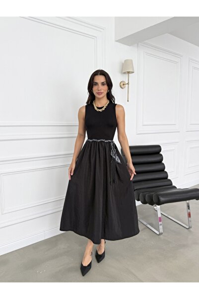 Flarsky Women's Black Maxi Dress with Scarf Belt