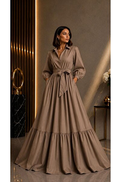 ALYEL NAKER Maxi Poplin Shirt Dress with Ruffle Detail at Hem & Balloon Sleeves
