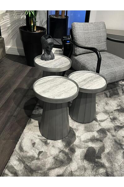 Vetra Titanyum Eskitme Seramik Zigon Sehpa 3’lü Set – Ultra Mdf Modern Yan Sehpa