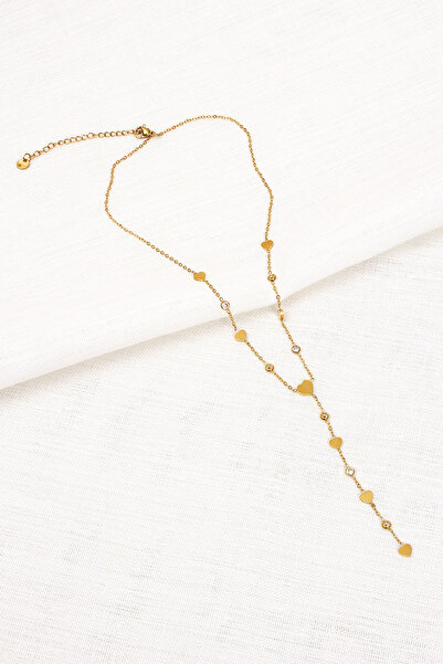 Süspüs Accessories Gold Color Heart Figured Stone Y Necklace