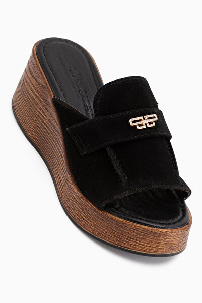 Limoya Roxana Black Suede Stone Detailed Wedge Heeled Women's Slippers
