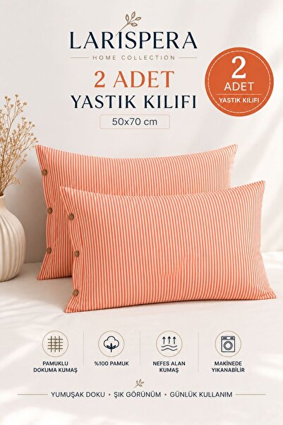 Larispera Striped Buttoned 2-Piece Pillowcase Cotton Decorative Pillowcase 50...