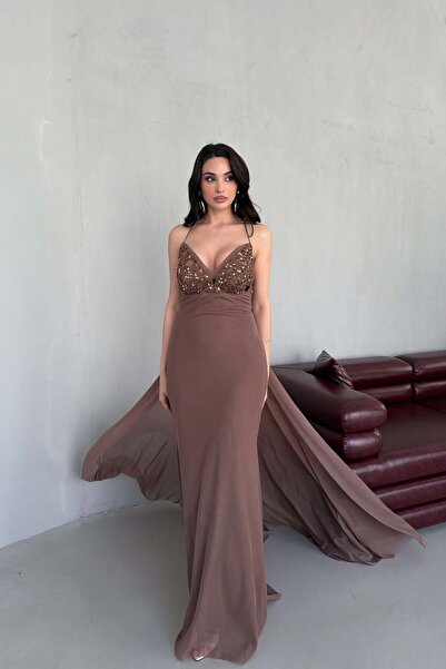 Serica Moda Βραδινό φόρεμα από τούλι με λουράκια βιζόν και πέτρινη λεπτομέρει...