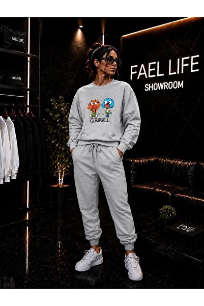 FAEL LİFE Unisex Wide Cut Zero Neck and Sweatpants Gumball Printed Set