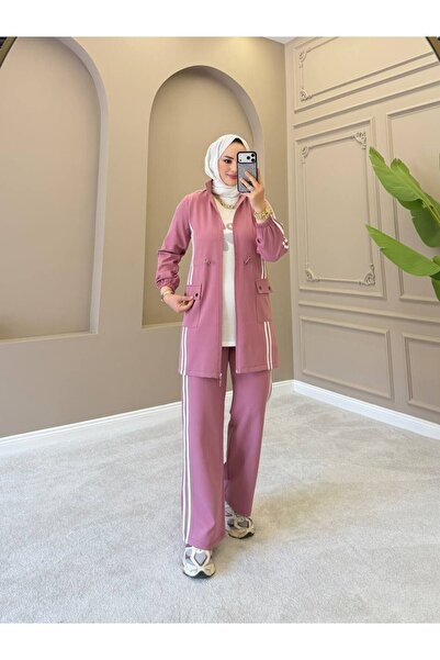 moda4b Women's 3-Piece Double Crepe Set Zippered Long Jacket T-Shirt and Wide...
