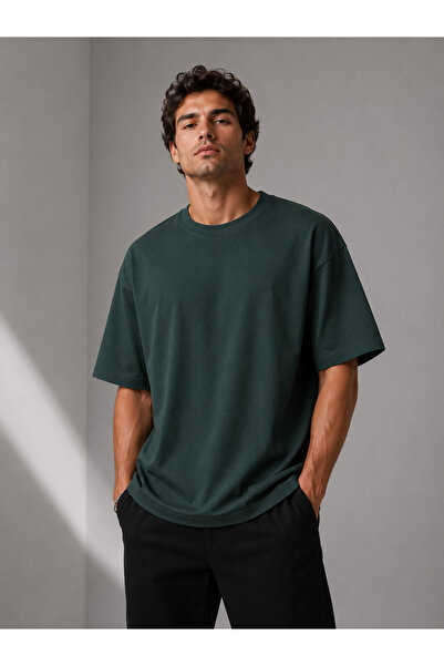 metsawear Men's Premium Oversize Dark Green Color Basic T-Shirt – Soft Textur...