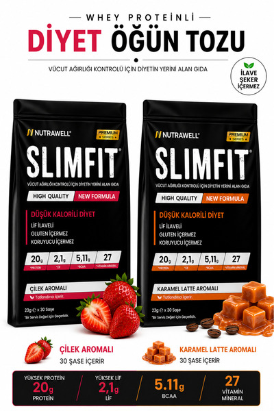 Nutrawell Çilek ve Karamel Latte 2li Set 60 Öğün Yüksek Proteinli Diyet Öğün ...