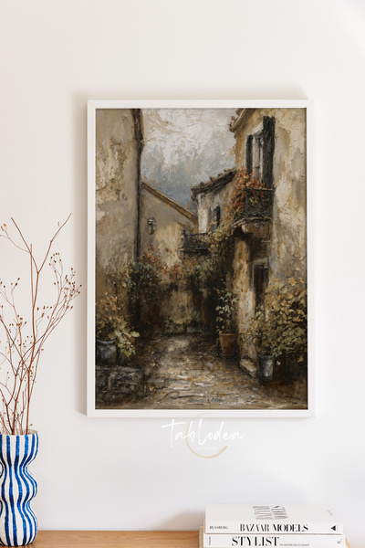 tablodea Pictură peisaj urban vintage cu oraș mediteraneanesc, pictură în ule...