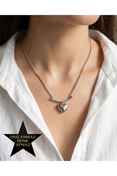 stainless steell 316L Steel Silver Bar Hanging Heart Women's Necklace