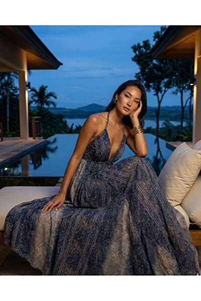 moda gk Shawl Pattern Shiny Detailed Bohemian Strap Indian Silk Dress
