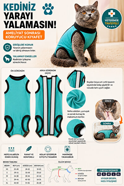 Midilla Kedi Ameliyat Sonrası Kıyafeti Cırtlı Koruyucu Tulum Yara Koruma ve İ...