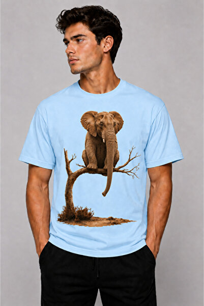 VODEXA Men's Oversize T-Shirt Sitting Elephant Printed 100% Cotton T-Shirt Co...