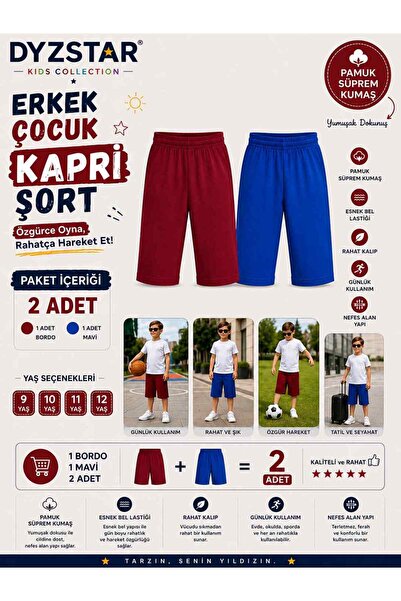 DYZSTAR Erkek Çocuk Kapri Şort 2 li Paket Bordo Mavi Pamuk Süprem Kumaş Rahat...