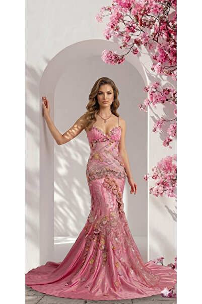 ASIAN Rose Dress Ward Tulle and Silk Evening Dress with Mermaid Cut