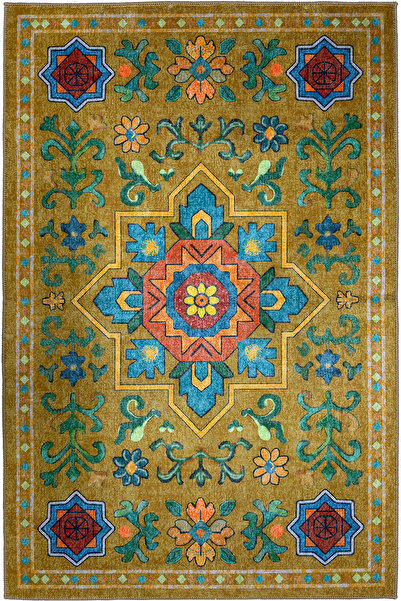kilim home Etnik Desenli Sarı Dekoratif Salon Halısı Modern Klasik Pamuk Taba...
