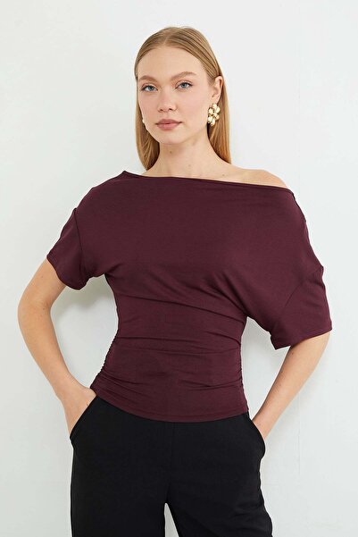 Fulla Moda Basic Yanları Drapeli Kayık Yaka Bluz