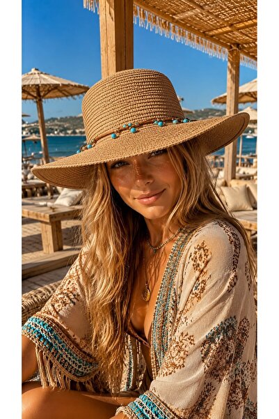 FELLMENS Camel Wide Round Straw Women's Hat with Accessory Detail