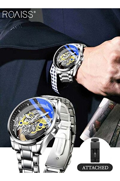 ROAISS Mens Quartz Watch Alloy Strap Skeleton Transparent Dial Waterproof Lum...