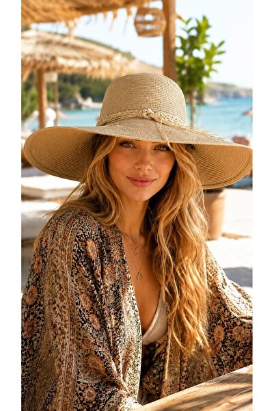FELLMENS Beige Tasseled Wide Round Straw Women's Hat with Accessory Detail