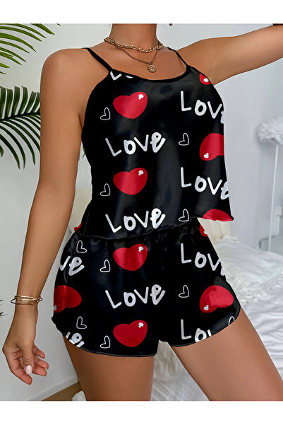 Leyna طقم ثوب نوم من الساتان الأسود بتصميم قلب على شكل قلب