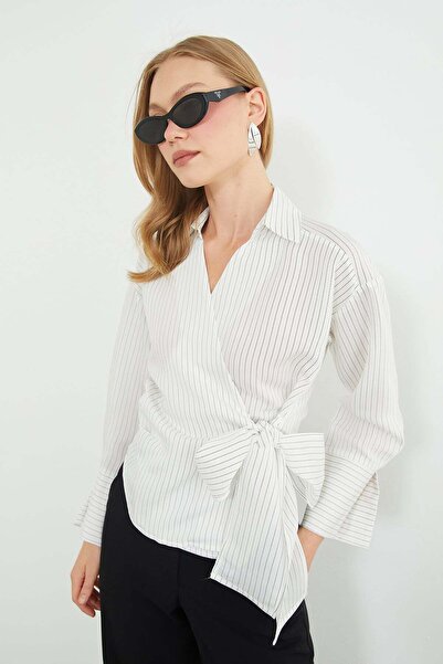 Fulla Moda Bluza sa prugastim bočnim vezanjem i dvostrukim kragnom