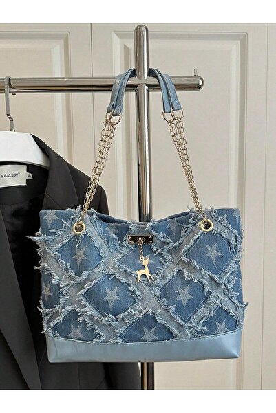 ORVILLA Large Denim Tote Bag for Women with Star Print, Frayed Edges, Gold Ch...