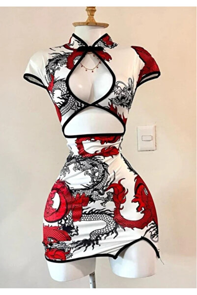 Genel Markalar Beyaz Ejderha Motifli Pencere Detaylı Şeritli Qipao Elbise