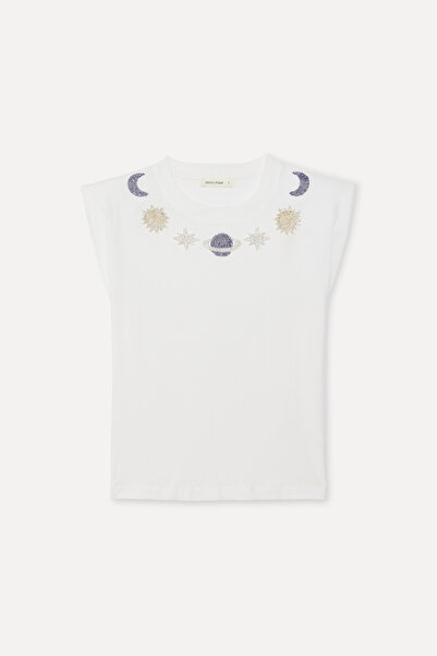 Mudo Kadın Kırık Beyaz Nakışlı Bisiklet Yaka Kolsuz T-Shirt