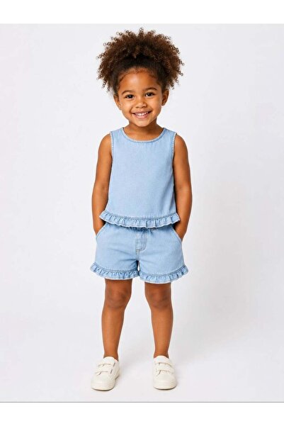 connemara Girl's Light Blue Denim Top and Bottom Set with Ruffle Detail Summe...