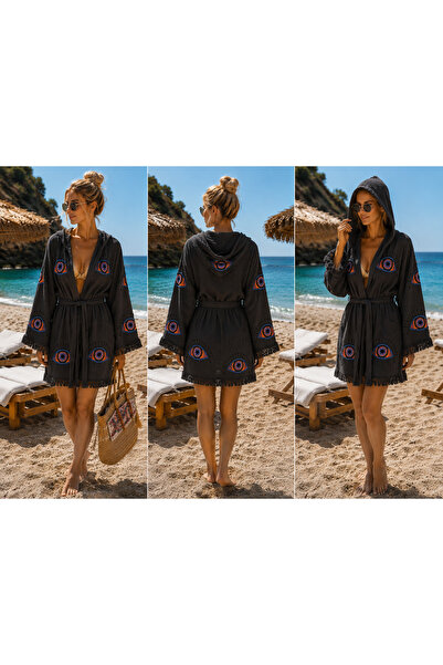 Store AAVIORA %100 Pamuk Çift Kat Müslin Kapüşonlu Kimono Bornoz – Nazar Göz ...