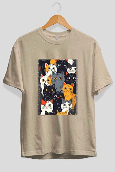 Ankhises For the Love of Cats 27 Front Cat Printed Beige Oversize T-Shirt 100...