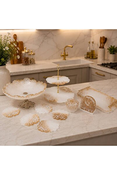 ARTEVIA HOME El Yapımı Epoksi Sunum Seti Gold Varaklı Servis Tepsisi Meyvelik...