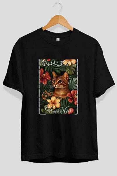 Ankhises For the Love of Cats 55 Front Cat Printed Black Oversize T-Shirt 100...