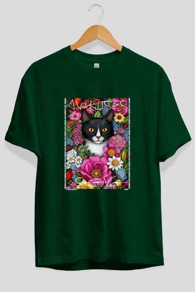 Ankhises T-shirt "For the Love of Cats 16" με πράσινο σχέδιο γάτας στο μπροστ...