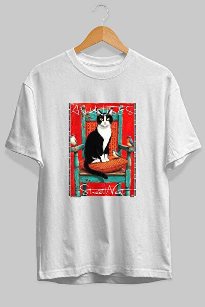 Ankhises For the Love of Cats 49 Front Cat Printed White Oversize T-Shirt 100...