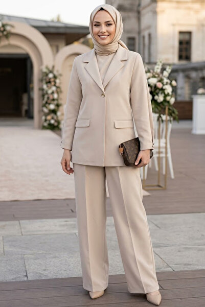N.S NEVA STYLE Beige Hijab Double Set with Jacket 6277Bej