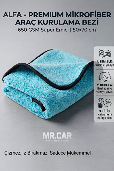 Mr.Car ALFA - Premium Mikrofiber Araç Kurulama Bezi - 650 GSM Süper Emici 50x...