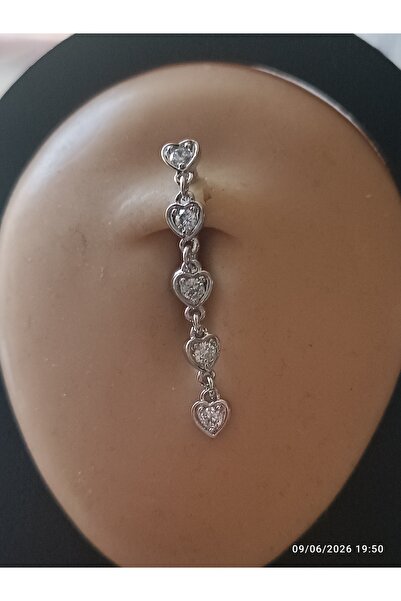 AyçaSilver Sallantılı 5 kalpli zirkon taşlı göbek piercing