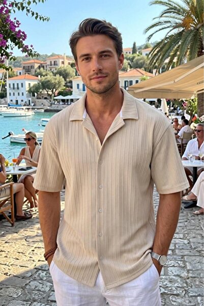 NO 601 Men's Beige Marcus Striped Short Sleeve Summer Shirt