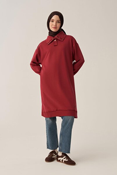ALLDAY Burgundy-Cotton Tunic with Dirty Stitching and Stand Collar