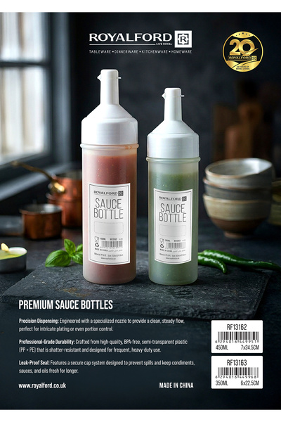 ROYALFORD 450ml Premium Condiment Squeeze Bottles Twist on Caps and Measureme...