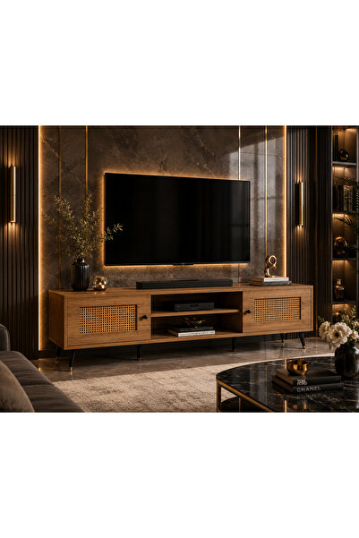 N.zone طاولة تلفاز بتصميم عصري أنيق وأبواب راتان مميزة، توفر مساحات تخزين عمل...