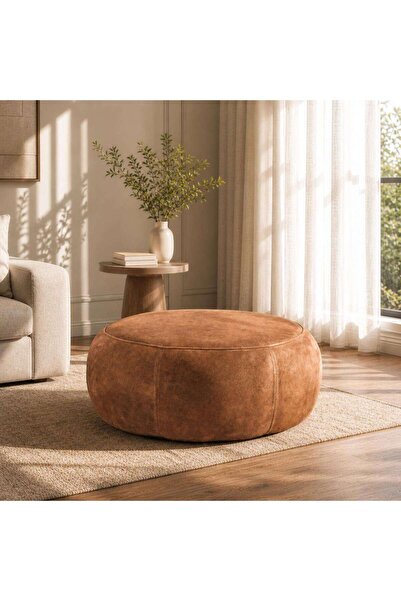 PAN HOME Eudora Leather Round Pouf 60x60x30cm - Tan