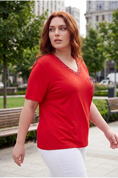 Ebsumu Women's plus size red blouse with stone detail on collar and pocket