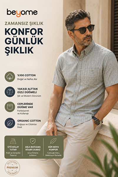 Beyome Linen Keten Klasik Kısa Kollu İki Cepli Kapaklı Krem Baba Gömleği (Reg...