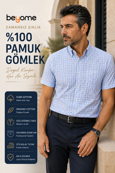 Beyome Linen Keten Klasik Kısa Kollu İki Cepli Kapaklı Mavi Baba Gömleği (Reg...
